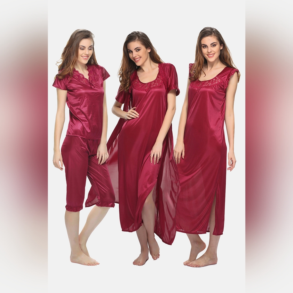Asti: 4-Piece Red Satin Nightwear Set